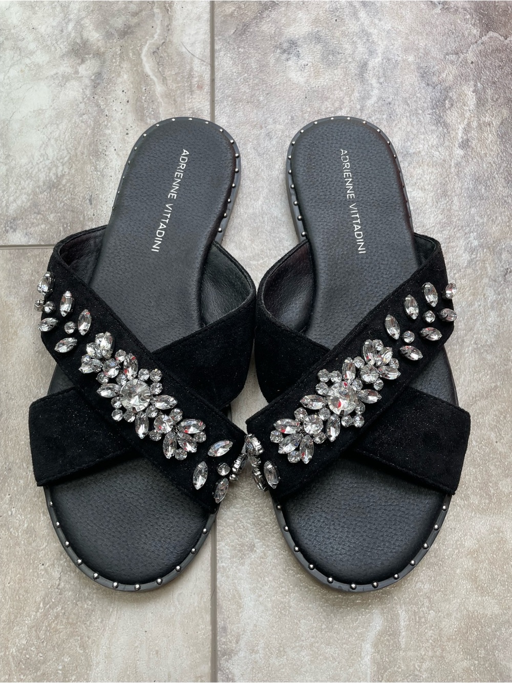 Adrienne Vittadini Black Jeweled Crisscross Slide Sandals